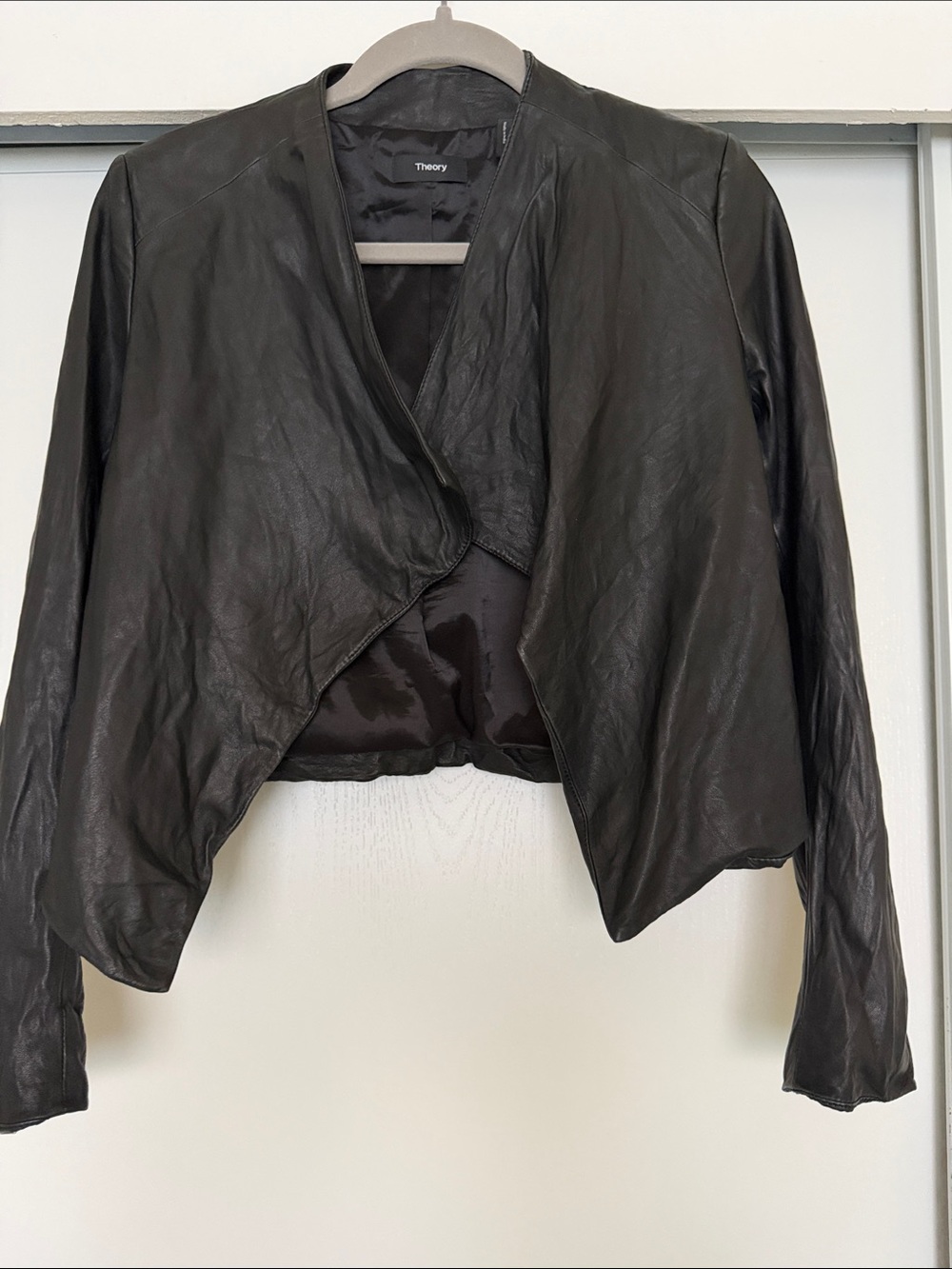 Theory Black Leather Draped Open-Front Jacket - Picture 2 of 7